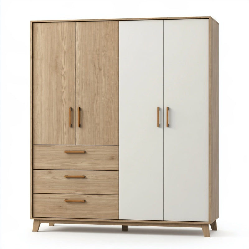 Armadio guardaroba 160 x 55 x 200 cm in legno ingegnerizzato rovere naturale e bianco stile moderno con 4 ante e 3 cassetti
