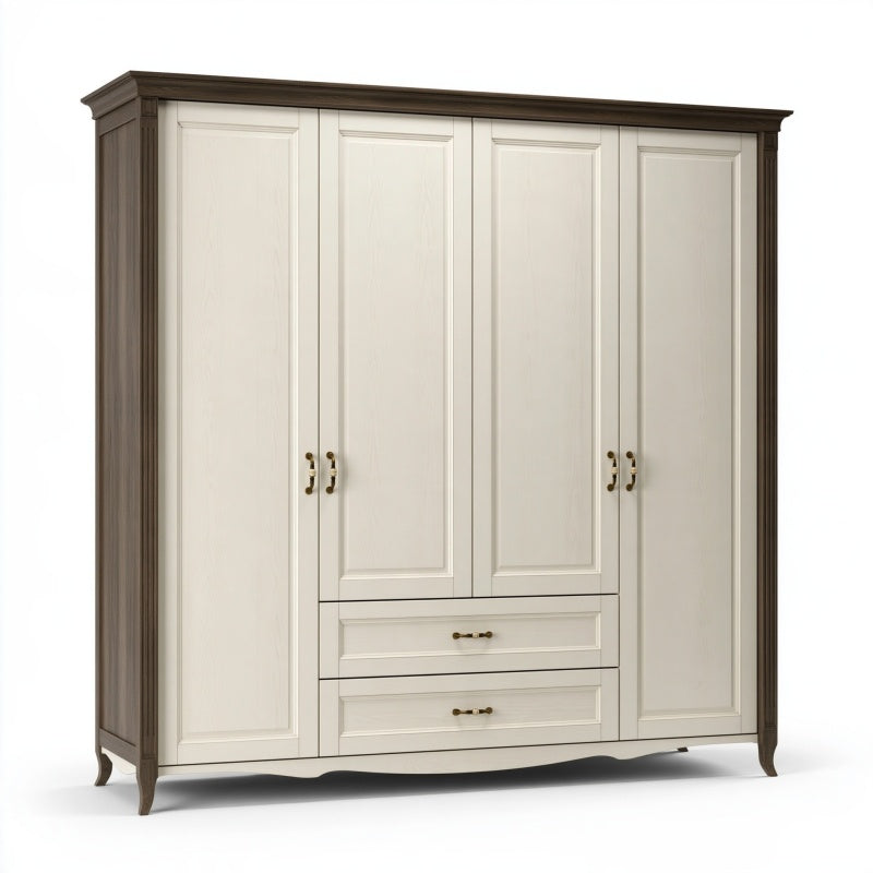 Armadio 200 x 60 x 220 cm in legno bianco e marrone con 4 ante e 2 cassetti stile classico