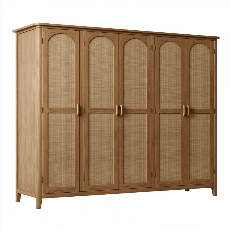Armadio guardaroba 200x60x200 cm in legno marrone con ante in rattan stile naturale