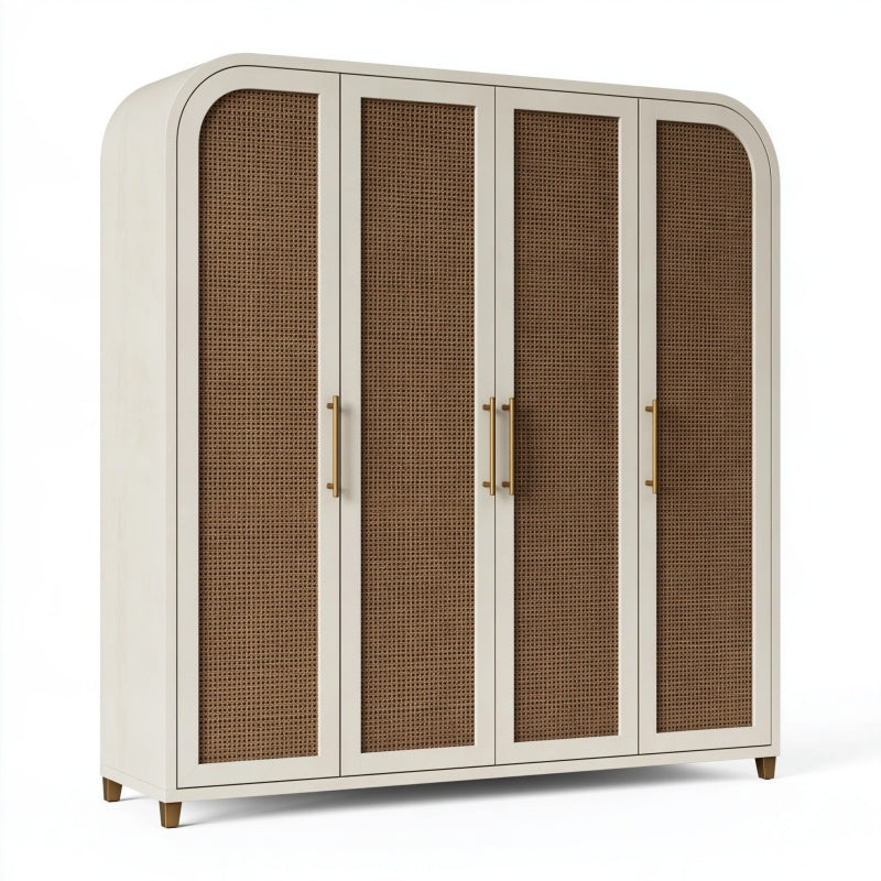Armadio 200 x 60 x 200 cm in legno crema e rattan naturale - 4 ante stile moderno