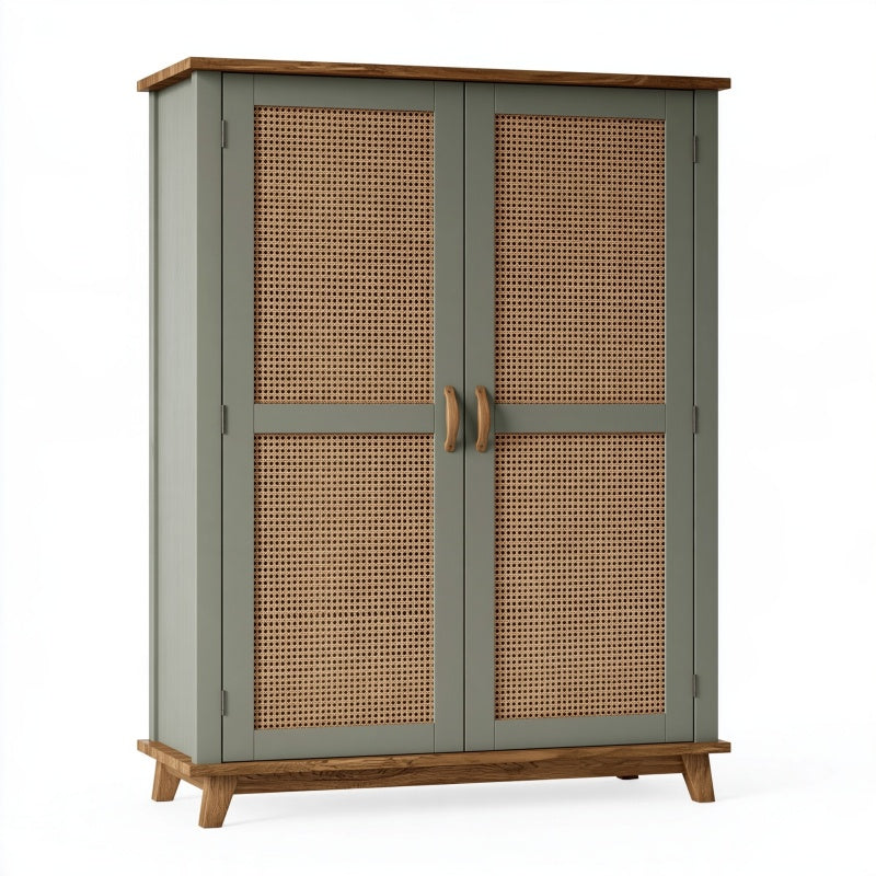 Armadio 120 x 55 x 180 cm in legno verde oliva con ante in rattan stile retrò