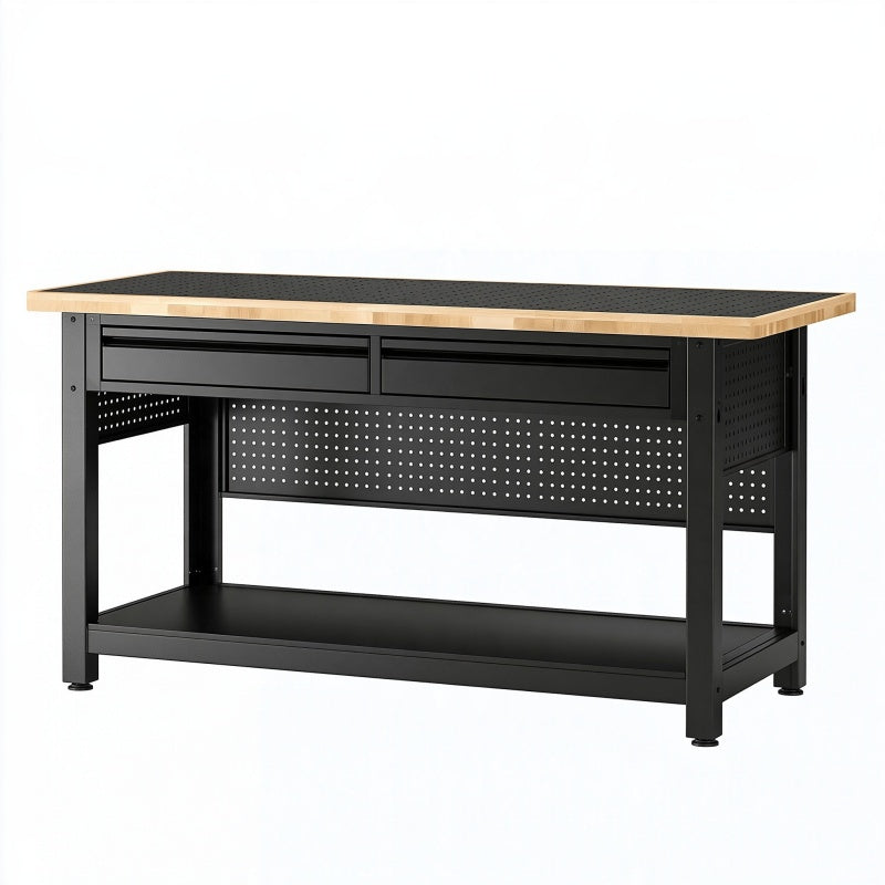 Banco da lavoro 120x60x90 cm in acciaio nero e legno naturale - stile industriale con 2 cassetti