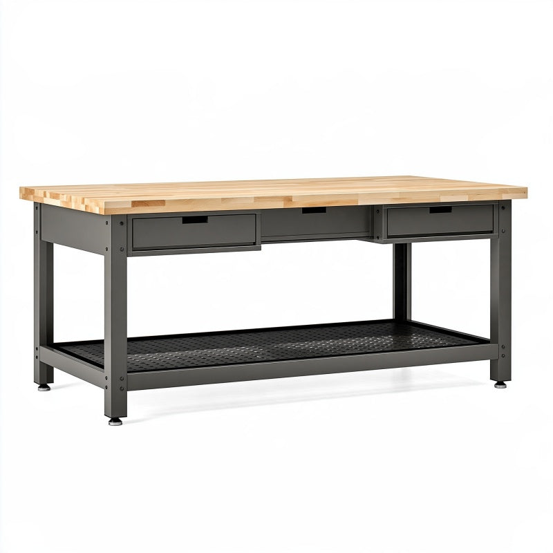 Banco da lavoro 183 x 76 x 91 cm in legno e acciaio nero con 3 cassetti stile industriale