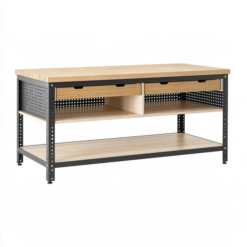 Banco da lavoro 120 x 60 x 90 cm in bambù e metallo nero con cassetti stile industriale