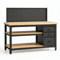 Banco da lavoro 120 x 60 x 150 cm in acciaio nero e legno con pannello forato e cassetti