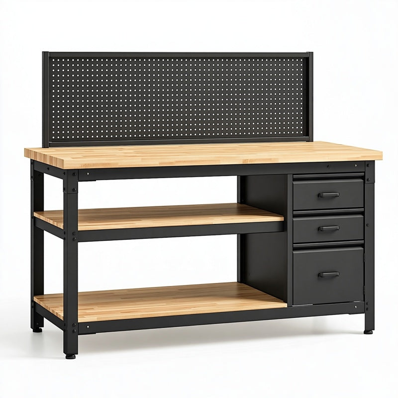 Banco da lavoro 120 x 60 x 150 cm in acciaio nero e legno con pannello forato e cassetti