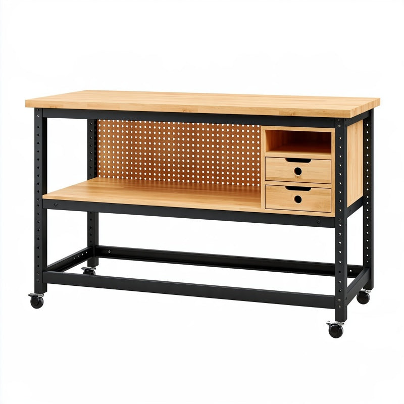 Banco da lavoro 120 x 60 x 90 cm in legno e acciaio nero con cassetti e ruote