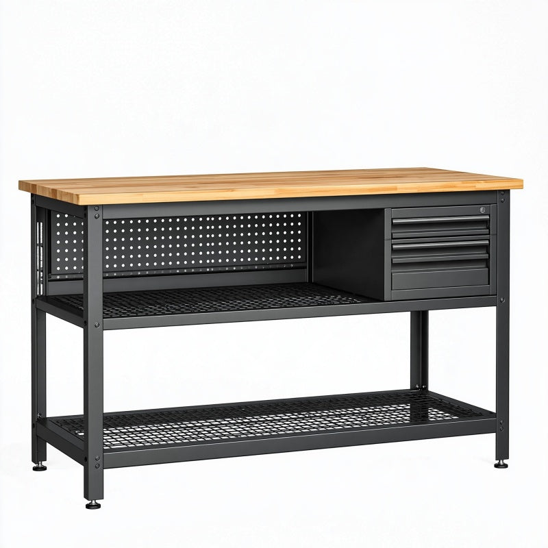 Banco da lavoro 120 x 60 x 90 cm in acciaio nero e legno con cassetti stile industriale