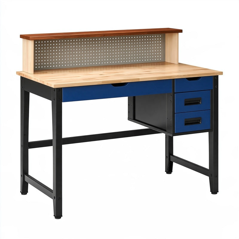 Banco da lavoro 120 x 60 x 150 cm in legno e acciaio nero blu con cassetti e pannello forato