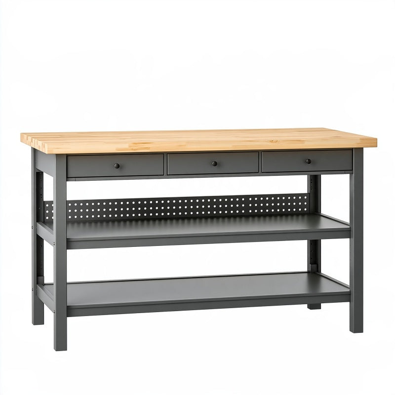 Banco da lavoro 120 x 60 x 90 cm in bambù e metallo nero con 3 cassetti e ripiani