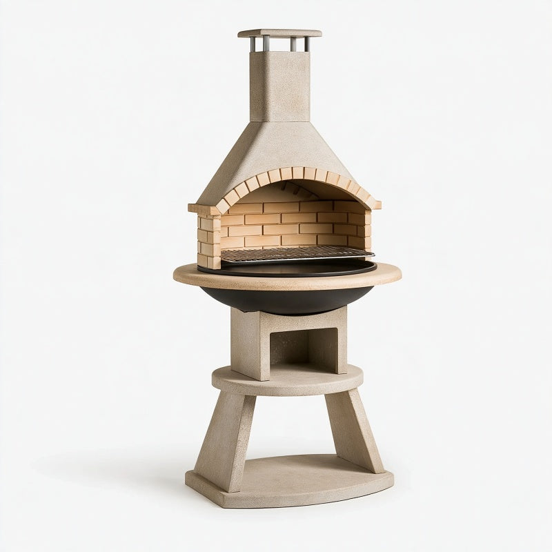 Barbecue da giardino Ø100 x 220 cm in cemento refrattario beige con griglia in acciaio - stile rustico
