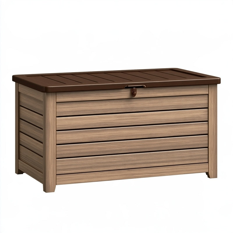 Cassapanca da esterno 120 x 65 x 60 cm in resina marrone effetto legno con coperchio