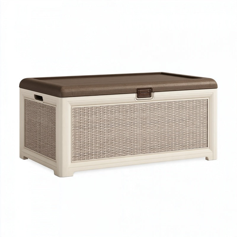 Baule contenitore 120 x 55 x 60 cm in plastica beige/marrone con effetto rattan e coperchio