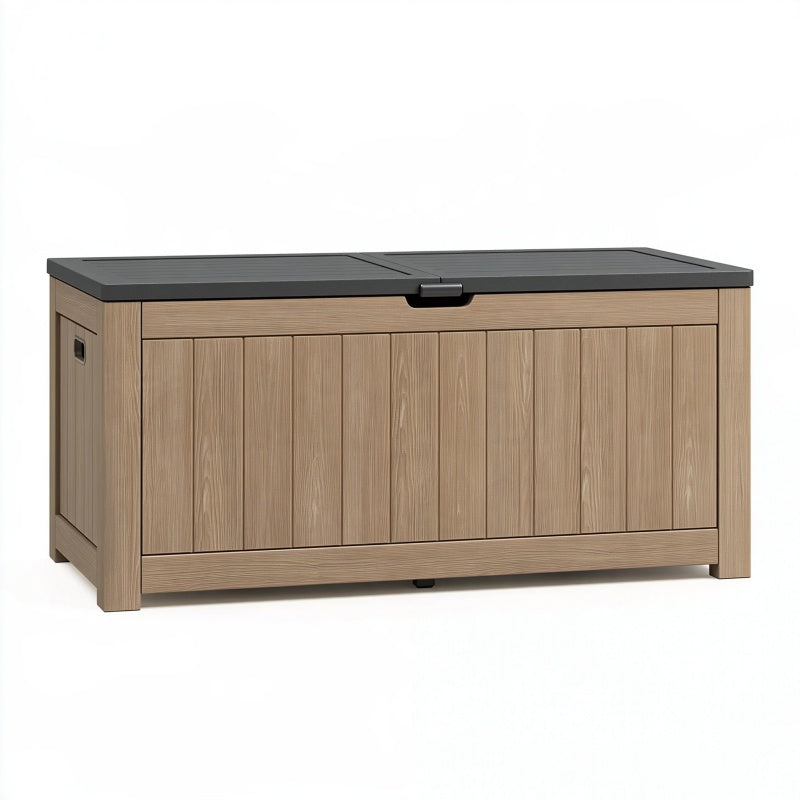 Cassapanca da giardino 120 x 60 x 60 cm in resina effetto legno beige con coperchio nero