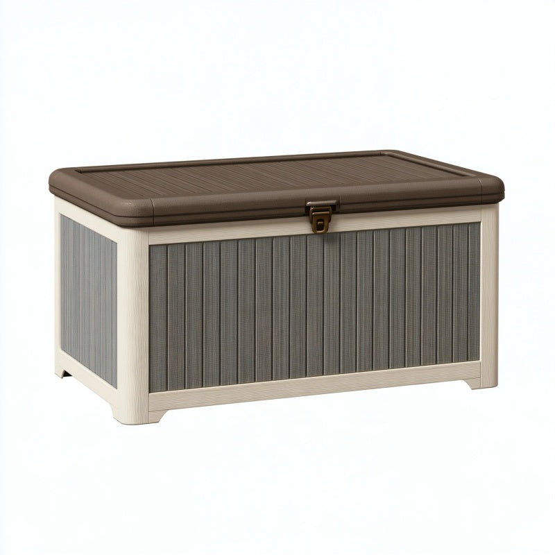 Baule contenitore da esterno 120 x 55 x 60 cm in plastica beige e marrone con coperchio e chiusura