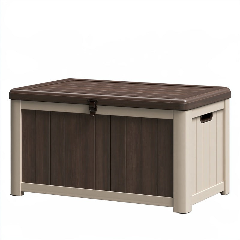 Cassapanca da esterno 120 x 55 x 60 cm in plastica marrone/beige con coperchio e chiusura