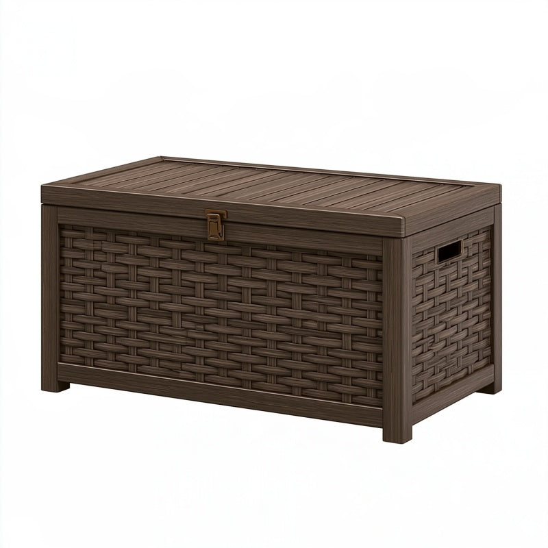 Cassapanca da esterno 120x55x60 cm in resina marrone effetto rattan con coperchio