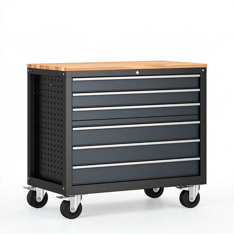 Cassettiera portautensili 100 x 50 x 95 cm in acciaio nero con piano in legno - mobile da officina con ruote