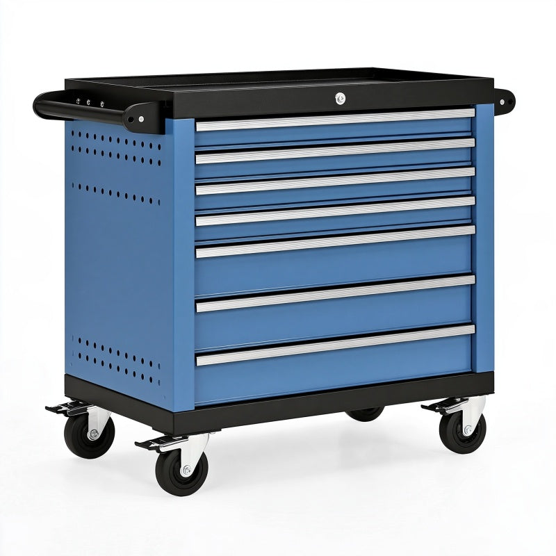 Carrello portautensili 77 x 46 x 97 cm in acciaio blu e nero con 7 cassetti e ruote