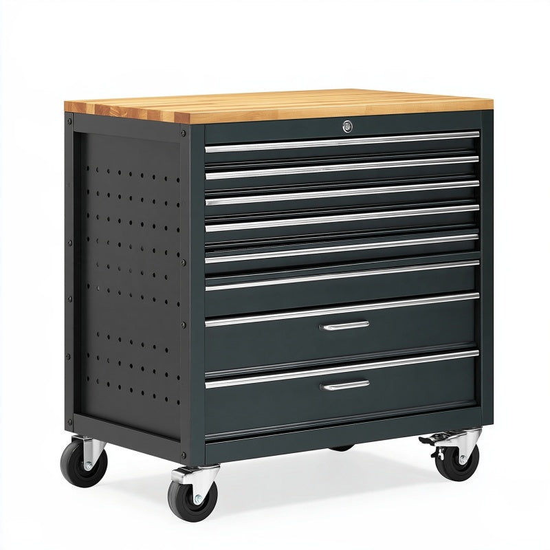 Carrello portautensili 77 x 46 x 97 cm in acciaio nero con piano in legno e 8 cassetti