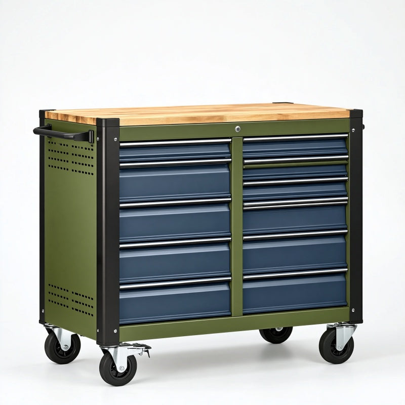Carrello portautensili 120 x 60 x 95 cm in acciaio verde e blu con piano in legno e 12 cassetti