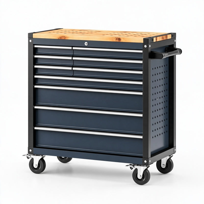 Carrello portautensili 100 x 50 x 95 cm in acciaio nero con piano in legno e cassetti su ruote