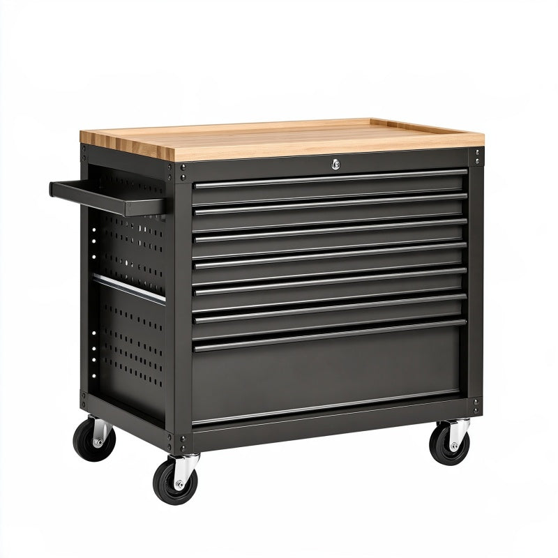 Carrello portautensili 100 cm in acciaio nero e legno con ruote per officina