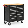 Carrello portautensili 100 x 50 x 95 cm in acciaio nero con piano in legno e 12 cassetti