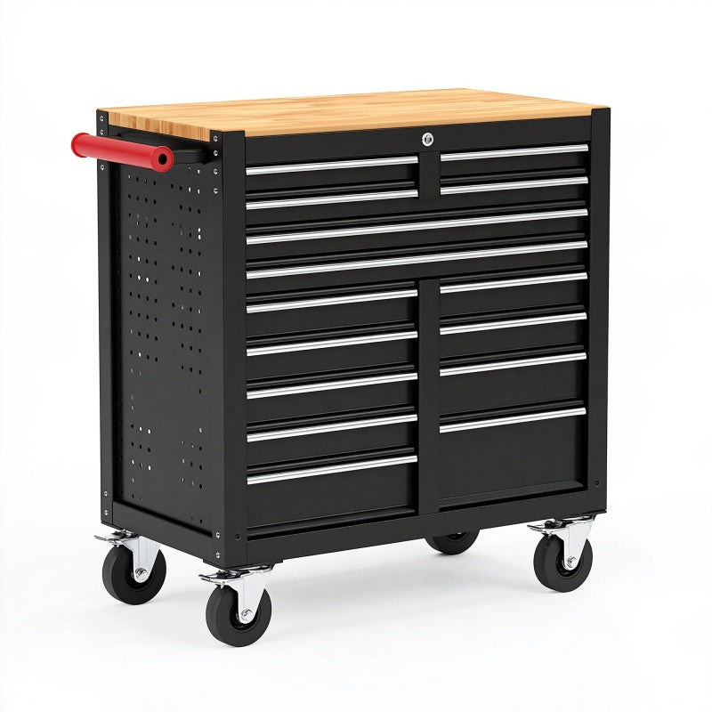 Carrello portautensili 100 x 50 x 95 cm in acciaio nero con piano in legno e 12 cassetti